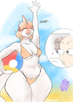 anthro ball beach beach_ball big_breasts big_butt bikini breasts butt clothing eyes_closed female gesture huge_thighs inflatable male pear-shaped_figure slightly_chubby solo swimwear text thick_thighs two-piece_swimsuit waving waving_at_viewer white_body white_skin wide_hips slimey_art cavemanon_studios goodbye_volcano_high ko_op_(game_developer) neuron_activation snoot_game anon_(snoot_game) naomi_(gvh) trish_(gvh) ceratopsian ceratopsid chasmosaurine dinosaur hadrosaurid human mammal marginocephalian ornithischian ornithopod parasaurolophus prehistoric_species reptile scalie triceratops english_text hi_res meme painting_(artwork) watercolor_(artwork)