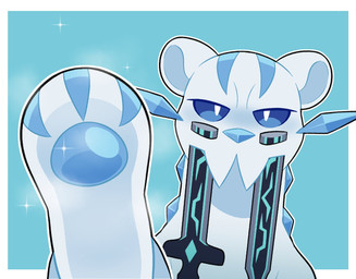 ambiguous_gender blue_nose blue_sclera feral ice jagged_mouth looking_at_viewer melee_weapon pawpads paws solo sword weapon white_body white_ears white_eyes andyocelot nintendo pokemon chien-pao generation_9_pokemon legendary_pokemon pokemon_(species) 2026