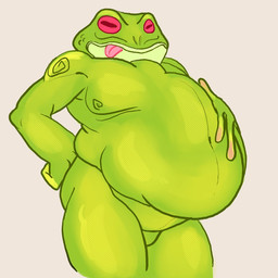 abdominal_bulge anthro belly big_belly green_body green_skin hand_on_belly male male_pred red_eyes same_size_vore standing tongue tongue_out vore maerfuente amphibian frog 1:1 hi_res