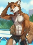 abs anthro athletic athletic_anthro athletic_male black_clothing black_nose black_swimwear blue_eyes brown_body brown_fur bulge clothed clothing day detailed_background fluffy fluffy_tail fur hand_on_head looking_at_viewer male orange_body orange_fur outside raised_tail sky slim slim_male smile solo swimming_trunks swimwear tail whiskers white_body white_fur koul scott_(scottthefox94) canid canine fox mammal 2020 digital_media_(artwork)