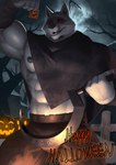 abs anthro arm_wraps barazoku bedroom_eyes biceps big_muscles bottomwear claws cloak clothing condom fence food front_view fruit full_moon fur holding_condom holding_object holidays huge_muscles jack-o'-lantern licking licking_lips licking_own_lips looking_at_viewer male moon muscular muscular_anthro muscular_male narrowed_eyes navel night nipples obliques open_mouth open_smile outside pants pecs plant poncho pumpkin seductive serratus sexual_barrier_device sickle sky smile solo standing star starry_sky teeth text tongue tongue_out tree tuft wraps earthist dreamworks halloween puss_in_boots_(franchise) death_(puss_in_boots) canid canine canis mammal wolf 2023 absurd_res english_text hi_res