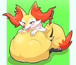 abdominal_bulge ambiguous_gender anthro belly_rub blush breath duo fur green_background orange_body orange_fur panting red_eyes same_size_vore simple_background vore shoog_serary nintendo pokemon braixen canid canine fox generation_6_pokemon mammal pokemon_(species) digital_media_(artwork) hi_res tagme