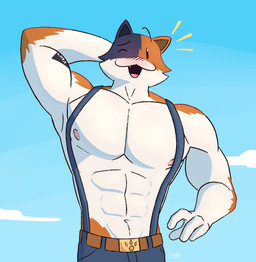 4_fingers abs anthro bar_emanata belt big_muscles blue_body blue_bottomwear blue_clothing blue_fur blue_jeans blue_pants blush blush_lines bottomwear brown_belt clothed clothing cloud day denim denim_bottomwear denim_clothing emanata eyebrows fingers front_view fur hand_behind_head jeans male multicolored_body multicolored_fur muscular muscular_anthro muscular_male navel nipples one_eye_closed open_mouth open_smile orange_body orange_fur outside pants pecs pink_nipples smile snaggle_tooth solo standing suspenders topless white_body white_fur cosmicboy02 epic_games fortnite meowscles calico_cat domestic_cat felid feline felis mammal 2022 cel_shading dated digital_media_(artwork) half-length_portrait portrait shaded signature