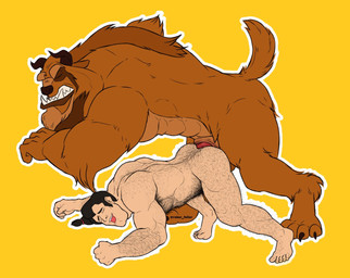 anal anal_penetration animal_genitalia animal_penis anthro anthro_penetrating anthro_penetrating_human arm_hair armpit_hair back_hair back_muscles big_muscles big_pecs body_hair brown_body brown_fur butt butt_hair canine_genitalia canine_penis chest_hair doggystyle duo fangs from_behind_position fur genitals hair hairy happy_trail horn human_on_anthro human_penetrated interspecies larger_anthro larger_male leg_hair looking_pleasured male male/male male_penetrated male_penetrating male_penetrating_male muscular muscular_anthro muscular_human muscular_male nude pecs penetration penile penile_penetration penis penis_in_ass ponytail pubes sex size_difference smaller_human smaller_male smaller_penetrated teeth roker_feller beauty_and_the_beast disney beast_(disney) gaston human mammal monster