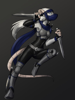 anthro armor blue_eyes claws clothed clothing dagger dual_wielding female fur holding_object holding_weapon mask melee_weapon scarf solo weapon white_body white_fur sealer4258 salju mammal murid murine rat rodent 3:4 hi_res