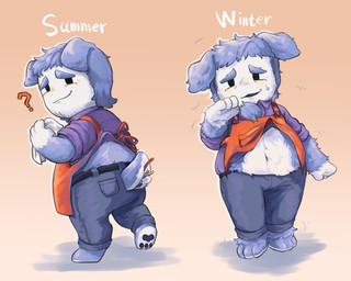 anthro apron apron_lift barefoot belly blush bottomwear clothed clothing clothing_lift collared_shirt embarrassed eyebrows feet floppy_ears folded_ears hair looking_at_viewer male navel pants pawpads paws question_mark raised_foot shirt shirt_lift short_hair slightly_chubby smile solo standing tail text thick_eyebrows topwear wire kong_0226 deltarune undertale_(series) ramb_(deltarune) darkner plugboy hi_res