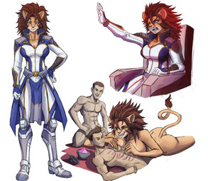 anthro armored_boots big_breasts breasts brown_hair brush_tail chair clothing container drinking_straw drug_usage drugs fangs female female_anthro furniture futuristic_armor gloves group hair handwear larger_anthro larger_female male male/female military_uniform nude powder_on_body science_fiction size_difference smaller_human smaller_male snorting snorting_drugs tall teeth trio uniform murchie drone_commander tif_(drone_commander) felid human lion mammal pantherine sekarri absurd_res hi_res