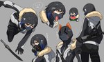 action_pose black_body black_fur black_hair black_nose blue_hair chibi clothed clothing coat cybernetics eating eating_food facial_markings female food fruit fully_clothed fully_clothed_humanoid fur fur_trim_(clothing) gas_mask gloves gradient_hair grey_background hair handwear head_markings hood hood_up light_body light_skin looking_at_viewer low-angle_view machine markings mask melee_weapon melon multicolored_hair multiple_poses open_mouth plant pose rear_view short_hair simple_background solo sword sword_on_back sword_sheath text topwear watermelon weapon worm's-eye_view yelling yellow_eyes layer_(artist) laika-chan animal_humanoid canid canid_humanoid canine canine_humanoid dog_humanoid humanoid mammal mammal_humanoid 5:3 japanese_text