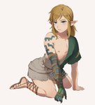 blonde_hair blue_eyes clothing footwear hair humanoid_pointy_ears light_body light_skin long_hair male nipples not_furry sandals shoes simple_background solo foxvulpine nintendo the_legend_of_zelda link elf humanoid hylian