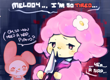 abstract_background anthro apron aura blush blush_lines chibi clothed clothed_anthro clothed_female clothing duo ellipsis eye_reflection eyelashes eyes_closed female female_anthro flower_on_head fur glistening glistening_eyes holding_knife holding_object knife light looking_at_knife looking_at_object monotone_body monotone_fur monotone_wool mouth_closed narrowed_eyes open_mouth open_smile partial_speech_bubble pink_apron pink_body pink_clothing pink_ears pink_fur pink_tail pink_wool question_mark red_aura red_text reflection short_tail smile solo_focus sparkles speech_bubble tail talking_to_another tan_body text white_text wool_(fur) yellow_nose ligma_(artist) onegai_my_melody sanrio my_melody my_sweet_piano bovid caprine lagomorph leporid mammal rabbit sheep 2025 digital_media_(artwork) english_text lighting shaded soft_shading