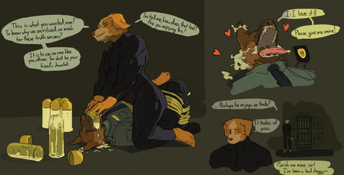 ambiguous_fluids bdsm begging_for_more bondage bound brown_body brown_fur clothing dialogue drinking force_feeding forced fur group heart_symbol implied_watersports lying male pink_tongue police simple_background straddling teeth text tongue capte canid canine canis domestic_dog mammal 2017 digital_media_(artwork) english_text