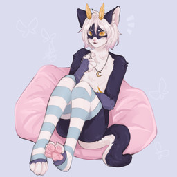 antennae_(anatomy) anthro arms_bent bent_legs blue_body blue_clothing blue_ears blue_fur blue_legwear blue_thigh_highs chain_necklace claws clothing ear_piercing eyebrows femboy fluffy fluffy_chest fur hair hug inner_ear_fluff jewelry legwear legwear_only male markings mostly_nude multicolored_body multicolored_ears multicolored_hair multicolored_tail necklace open_mouth pattern_clothing pattern_legwear pawpads paws piercing pillow pink_nose pink_pawpads pink_pillow pupils shoulder_length_hair simple_background sitting sitting_on_pillow slit_pupils solo striped_clothing striped_legwear stripes tail thigh_highs thigh_highs_only tuft white_body white_claws white_clothing white_eyebrows white_fingers white_fur white_hair white_legwear white_thigh_highs yellow_antennae yellow_body yellow_eyes yellow_fur yellow_markings furrsoda em_(emko) arthropod felid feline hybrid insect lepidopteran mammal moth 1:1 digital_media_(artwork) full-length_portrait hi_res portrait