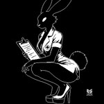 anthro breasts cleavage clipboard clothed clothing female footwear high_heels kneeling nurse_clothing nurse_uniform pumps shoes solo uniform ezeeshady lagomorph leporid mammal rabbit 1:1 2025 black_and_white digital_media_(artwork) monochrome pixel_(artwork)