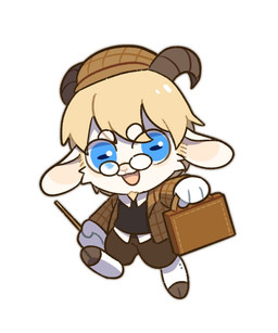 anthro black_clothing black_topwear blonde_hair blue_eyes bottomwear brown_bottomwear brown_clothing brown_hat brown_headwear brown_horn brown_jacket brown_pants brown_topwear cheek_tuft chibi clothed clothing eyewear facial_tuft front_view fur glasses glistening glistening_eyes hair happy hat headgear headwear holding_suitcase horizontal_pupils horn jacket looking_at_viewer male open_mouth open_smile pants pink_tongue pupils round_glasses simple_background smile solo suitcase tongue topwear tuft unsigned white_background white_body white_fur asnnonaka charlie_jr._(asnnonaka) bovid caprine goat mammal full-length_portrait portrait