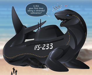 anthro beach big_penis black_body black_sclera bodily_fluids cum dialogue genital_fluids genitals group heart_symbol machine macro male not_furry nude open_mouth outside penis sea seaside size_difference smile speech_bubble submarine tail tapering_penis text vehicle water watercraft sepiruth aquatic dire_machine human living_machine living_submarine living_vehicle living_watercraft mammal 2026 absurd_res english_text hi_res