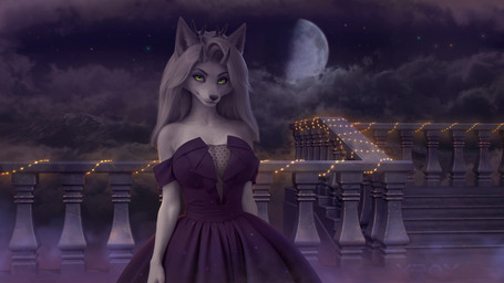 anthro antlers background_smoke breasts cleavage clothed clothing dress ear_tuft female fur green_eyes hair horn light long_hair looking_at_viewer moon moonlight night outside purple_clothing purple_dress smile solo sparkles sparkling_clothing sparkling_dress star tuft white_body white_fur white_hair x-rom canid canine mammal 16:9 hi_res widescreen