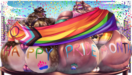 anthro ball_gag bear_flag big_butt bisexual_pride_colors brown_body brown_fur bubble_butt butt chain chain_necklace clothing duo eyewear fur gag glasses grey_body grey_fur harness hat headgear headwear jewelry leather lgbt_pride looking_at_viewer male male/male necklace obese obese_anthro obese_male overweight overweight_anthro overweight_male paw_mark paws pride_colors rainbow_flag rainbow_pride_flag rainbow_symbol rear_view sitting small_tail tail tan_body tan_fur text text_on_body text_on_butt thong tinted_glasses tongue tongue_out underwear white_body white_fur lionberrymochi dreamworks lgbt_pride_month puss_in_boots_(franchise) baby_bear_(puss_in_boots) perrito_(puss_in_boots) bear canid canine canis domestic_dog mammal absurd_res hi_res
