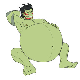 belly big_belly black_hair eyes_closed hair hand_on_belly huge_belly male musclegut muscular muscular_male overweight overweight_male solo verzisphere battle_chef_brigade thrash_(battle_chef_brigade) humanoid orc