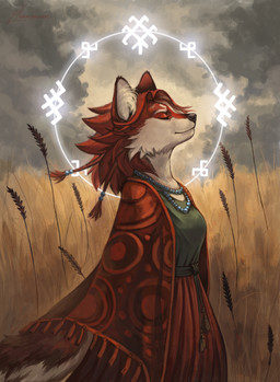 anthro beads braided_hair female feral field hair red_hair runes solo wheat wheat_field conditional_dnp kiras_arkaneks rainy_morning canid canine fox mammal spirit absurd_res hi_res huge_filesize