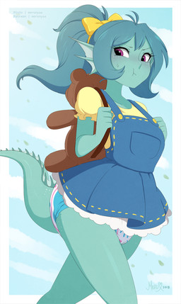 accessory backpack_strap biped blue_body blue_hair blue_skin bow_ribbon clean_diaper clothed clothing diaper dress fin hair hair_accessory hair_bow hair_ribbon head_fin looking_back plushie ponytail pouting ribbons skirtalls sky split_form tail teddy_bear walking wearing_diaper merunyaa marine merfolk 2018 hi_res