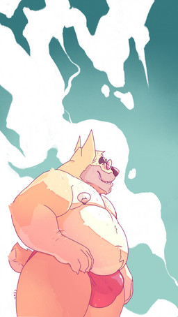 anthro belly big_belly bottomwear bulge clothed clothing eyes_closed eyewear fur glasses gloves_(marking) hand_on_hip male markings moobs nipple_piercing nipple_ring nipples obese obese_anthro obese_male overweight overweight_anthro overweight_male piercing pink_nipples red_bottomwear red_clothing ring_piercing round_glasses solo topless white_body white_fur yellow_body yellow_fur chocolateandmilk richard_(chocolateandmilk) canid canine canis domestic_dog mammal hi_res portrait three-quarter_portrait