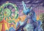 amusement_park amusement_ride apple candy candy_apple dessert detailed_background feathered_wings feathers female feral ferris_wheel food fruit glowing horn levitation looking_at_viewer magic plant roller_coaster solo sparkles wings the-wizard-of-art friendship_is_magic hasbro my_little_pony mythology princess_luna_(mlp) equid equine mammal mythological_creature mythological_equine winged_unicorn 2016 traditional_media_(artwork)