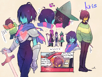 anthro blush clothed clothing eyewear female fur glasses group hair hat headgear headwear male scarf simple_background text noaharbre deltarune undertale_(series) kris_dreemurr ralsei susie_(deltarune) bovid caprine darkner goat human mammal reptile scalie 2018 4:3 digital_media_(artwork) english_text hi_res japanese_text translated