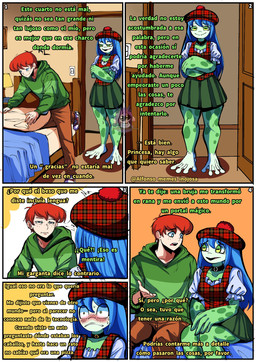 anthro barefoot bed bed_sheet bedding big_hands blue_eyes blue_hair blush bodily_fluids bottomwear brown_bottomwear brown_clothing brown_pants choker clothing duo eye_contact feet female female_anthro freckled_face freckles furniture green_bottomwear green_clothing green_eyes green_hoodie green_skirt green_topwear hair half-closed_eyes hat headgear headwear hoodie horizontal_pupils inside jewelry lamp long_hair looking_at_another makeup male male_human narrowed_eyes necklace nervous nervous_sweat pants pillow pupils red_clothing red_hair red_hat red_headwear scottish skirt smile standing suspicious sweat text thick_thighs topwear alfonso_memes_inojosa amphibian frog human mammal comic hi_res spanish_text translation_request