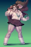blue_eyes bottomwear bra brown_hair clothing elephant_toes female gradient_background green_bra green_clothing green_underwear hair muscular muscular_female partially_unbuttoned pleated_skirt ponytail proboscis_(anatomy) school_uniform simple_background skirt solo standing thick_thighs trunk_(anatomy) underwear uniform ocorvo elephant elephantid mammal proboscidean absurd_res full-length_portrait hi_res portrait