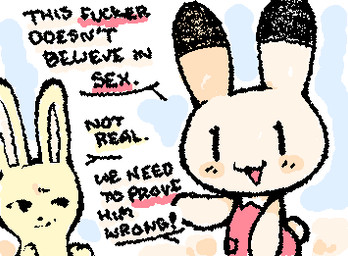 ambiguous_anthro ambiguous_gender anthro black_ear_tips black_eyes black_text blush chibi clothed clothed_ambiguous clothed_anthro clothing dipstick_ears duo ear_markings exclamation_point featureless_hands humor multicolored_ears noseless open_:3 open_mouth open_smile partial_speech_bubble short_tail simple_eyes smile squigglevision tail talking_to_another talking_to_viewer tan_body text two_tone_ears ligma_(artist) animal_yokocho iyo lagomorph leporid mammal rabbit 2026 animated digital_media_(artwork) english_text handwritten_text low_res wigglypaint_(artwork) female_(lore) male_(lore)