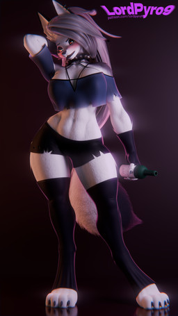 absolute_territory anthro big_breasts black_bottomwear black_clothing black_eyelids black_legwear black_lips black_shorts black_stockings black_thigh_highs blush bottle bottomwear breasts clothing collar container crop_top digitigrade drunk ear_piercing female fingerless_gloves fur gloves grey_clothing grey_crop_top grey_hair grey_shirt grey_topwear hair half-closed_eyes handwear holding_bottle holding_container holding_object legwear lips midriff narrowed_eyes navel piercing red_sclera shirt shorts simple_background solo spiked_collar spikes stockings substance_intoxication text thigh_highs toeless_legwear toeless_stockings topwear white_body white_eyes white_fur lpyro9 dogzeela_(modeler) hellaverse helluva_boss mythology loona_(helluva_boss) canid canid_demon canine demon hellhound mammal mythological_canine mythological_creature 3d_(artwork) 9:16 artist_name digital_media_(artwork) full-length_portrait hi_res portrait