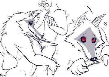 anthro bedroom_eyes big_eyes blush clothing duo grin heart_symbol kneeling male male/male narrowed_eyes nude seductive sharp_teeth smile smirk standing teeth undressing ultimatellurker dreamworks puss_in_boots_(franchise) anon death_(puss_in_boots) canid canine canis human mammal wolf