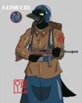 anthro armor backpack beak black_body black_feathers bottomwear brown_clothing brown_coat brown_jacket brown_topwear clothed clothing coat feathers fully_clothed furgonomics grey_background gun headgear helmet holding_gun holding_object holding_ranged_weapon holding_weapon jacket male military ranged_weapon simple_background skirt smile soldier solo tail tail_through_skirt topwear warrior weapon yellow_eyes alvidz avian bird corvid corvus_(genus) oscine passerine raven 2019 4:5 digital_media_(artwork) portrait