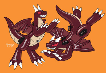 2_horns 3_toes ambiguous_gender biped claws countershading feet feral flying glistening glistening_body grin horn inflatable latex latex_body multicolored_body orange_background quadruped red_body red_latex red_sclera sharp_teeth simple_background smile solo standing tan_body tan_countershading tan_latex teeth text toe_claws toes white_claws white_horn white_latex white_text birdpaw_(artist) european_mythology mythology animate_inanimate dragon living_inflatable living_pool_toy mythological_creature mythological_scalie scalie western_dragon 2025 artist_name dated full-length_portrait hi_res multiple_images portrait