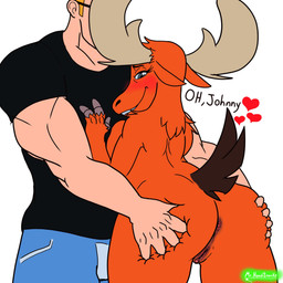 3_fingers anthro antlers anus blonde_hair blush bodily_fluids breast_squish breasts butt butt_grab clitoris clothed clothed/nude clothed_human clothed_male clothing dialogue duo ears_back ears_down female female_on_human fingers fur genital_fluids genitals grey_eyes hair hand_on_another's_chest hand_on_butt hand_on_chest heart_symbol horn human_on_anthro interspecies light_body light_skin male male/female male_on_anthro muscular muscular_human muscular_male nude nude_anthro nude_female orange_body orange_fur pivoted_ears scut_tail short_tail simple_background smile squish tail text vaginal_fluids vulva mr_headsnacke cartoon_network johnny_bravo_(series) becky_(johnny_bravo) johnny_bravo deer human mammal moose new_world_deer 1:1 absurd_res alternate_version_at_source colored english_text hi_res smaller_version_at_source