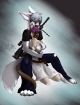 anthro belt bipod black_nose blue_eyes bodily_fluids bottomwear brown_body brown_fur chest_tuft clothed clothing crying dress duo eyes_closed female flash_hider fur grey_hair gun hair handgun holster male pants pink_nose pistol pointy_ears prick_ears purple_hair ranged_weapon rifle scope shirt tears topwear tuft weapon weaver_rail white_body white_fur wolflady canid canine felid mammal 2012 digital_media_(artwork)