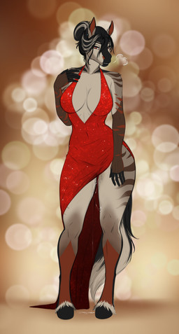 5_fingers anthro biped bodily_fluids breasts clothed clothed_anthro clothed_female clothing dress female fingers front_view fur genital_fluids hair looking_at_viewer small_waist solo standing stripes tail thick_thighs vaginal_fluids wide_hips elvofirida equid equine horse mammal 2025 hi_res