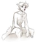 anthro biped freckles green_eyes hair looking_at_viewer male nude sitting smile solo lakehounds canid canine canis domestic_dog mammal werecanid werecanine werecreature weredog greyscale monochrome sketch