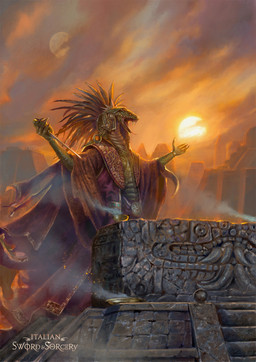 5_fingers altar anthro armor aztec clothing cloud dagger fangs fingers green_body green_scales headgear helmet holding_dagger holding_melee_weapon holding_object holding_weapon male melee_weapon moon open_mouth red_clothing robe scales solo sun sunset teeth weapon andrea_piparo lera_del_serpente reptile scalie snake 2019 absurd_res digital_media_(artwork) hi_res