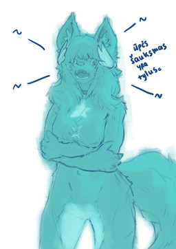 anthro blue_body blue_ears blue_eyes blue_fur breasts female fluffy fur hair nude simple_background solo standing star white_background avvol3 absurd_res blue_and_white hi_res monochrome