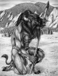 admyrrek american_bison anthro athletic athletic_anthro athletic_male bison bottomwear bovid bovine clothing fingers hooved_fingers hooves horn loincloth male mammal melee_weapon monochrome muscular muscular_anthro muscular_male nipples polearm pubes solo spear vein veiny_hands weapon
