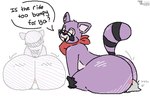 all_fours ambiguous/ambiguous ambiguous_gender anthro ascot ascot_only bedroom_eyes big_butt biped black_body black_fur black_fur_markings black_nose black_stripes blush blush_lines bottom_heavy bottomless bottomless_anthro bouncing_butt bubble_butt butt butt_focus clothed clothing cutaway dialogue digitigrade distorted_contour duo facesitting facial_markings fur gesture head_markings huge_butt kerchief kerchief_only light looking_back markings mostly_nude motion_lines multicolored_body multicolored_ears multicolored_fur multicolored_tail narrowed_eyes neckerchief neckerchief_only neckwear neckwear_only open_mouth purple_body purple_fur question red_kerchief red_neckerchief scarf scarf_only seductive simple_background sitting_on_another size_difference smile speech_bubble striped_markings striped_tail stripes tail tail_markings tail_motion teapot_(body_type) text thick_thighs toony white_background wide_hips kiosk28 indigo_park rambley_raccoon ych_(character) mammal procyonid raccoon 2025 animated digital_media_(artwork) english_text frame_by_frame loop pixel_(artwork) pixel_animation short_playtime male_(lore)