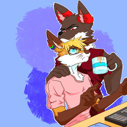 anthro blue_eyes bodily_fluids clothed clothing coffee_cup coffee_mug container cup desk duo ear_piercing ear_ring eyewear fur furniture glasses grin hug keyboard male male/male mousepad multicolored_body multicolored_fur naughty_intentions nervous nervous_sweat pattern_background piercing red_eyes ring_piercing simple_background smile sweat table ditzz canid canine canis fox mammal wolf 1:1 absurd_res colored digital_media_(artwork) digital_painting_(artwork) hi_res painting_(artwork)