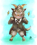 anthro black_body black_fur blush butler chibi clothing cloven_hooves fur hooves horn male solo suit unguligrade raku1taka lifewonders tokyo_afterschool_summoners salomonkun bovid caprine goat mammal