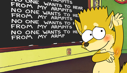 anthro armpit_showing bodily_fluids chalkboard classroom exposed_armpit male school solo sweat text young zooshi the_simpsons bart_simpson canid canine mammal absurd_res english_text hi_res