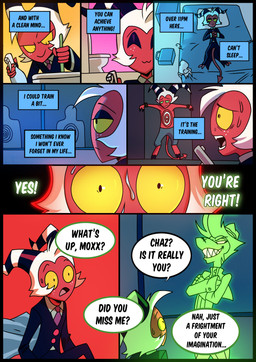 bed bodily_fluids cleaning_tool clenched_teeth dialogue freckled_face freckles furniture glistening_eyelids imagination male simple_background smile sweat sweatdrop tear_trough teeth text toilet kato777 hellaverse helluva_boss chazwick_thurman moxxie_(helluva_boss) imp absurd_res comic english_text hi_res