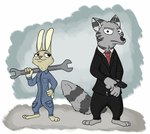 alternate_species anthro clothing coveralls duo female gun male necktie ranged_weapon suit tools weapon wrench anothercolouranon disney zootopia jack_savage skye_(zootopia) canid canine fox lagomorph leporid mammal rabbit hi_res