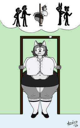 anthro belly big_belly big_breasts breasts butt clothing female footwear hair huge_breasts hyper legwear nipple_outline overweight overweight_anthro simple_background socks stuck stuck_in_door tail thick_thighs tight_clothing topwear flamingazalea canid canine canis mammal wolf 5:8 digital_media_(artwork) hi_res