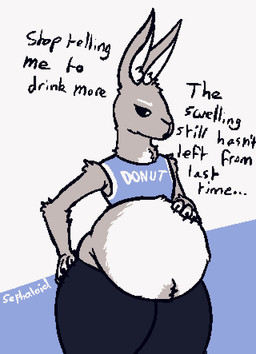 anthro belly clothing hand_on_belly inflation solo text thick_thighs sephaloid lagomorph leporid mammal rabbit 2019 aliasing digital_media_(artwork) english_text