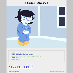 black_hair blush blush_lines buckteeth bulge clothed clothed_female clothing comic_panel covering covering_crotch dialogue eyewear female footwear glasses hair lipstick makeup nervous not_furry onesie pajamas short_hair socks solo teeth text white_body ashleyorange homestuck ms_paint_adventures june_egbert human mammal 1:1 animated animated_comic comic english_text hi_res incest_(lore) sibling_(lore) sister_(lore) sisters_(lore) trans_(lore) trans_woman_(lore)